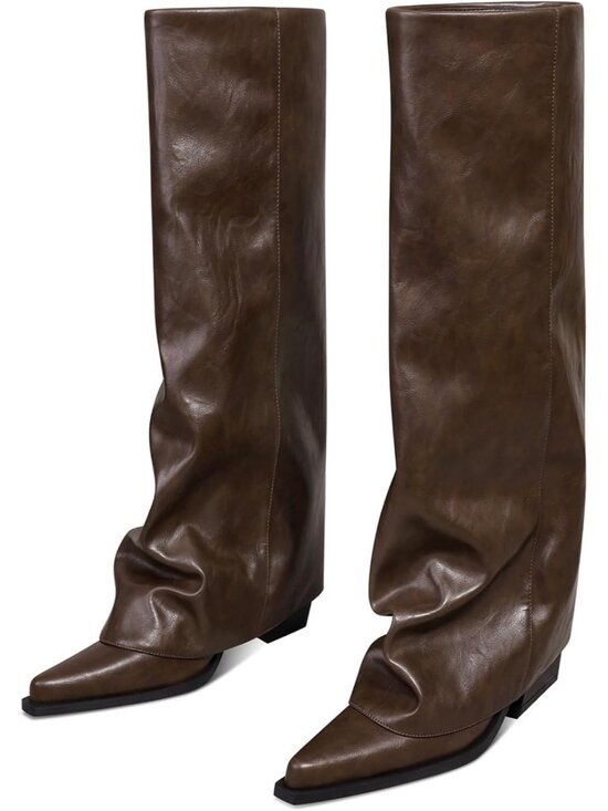 Shoes - Women's Brown Faux Leather Fold Over Knee High Wide Calf Chunky Heel Long Boots